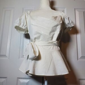 New York & Company White Puff-Sleeve Wrap Peplum Blouse